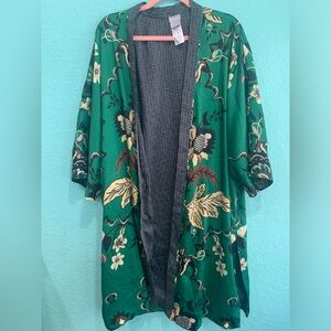 Chico's Green Floral Open-Front Kimono with Black Trim L/XL spring